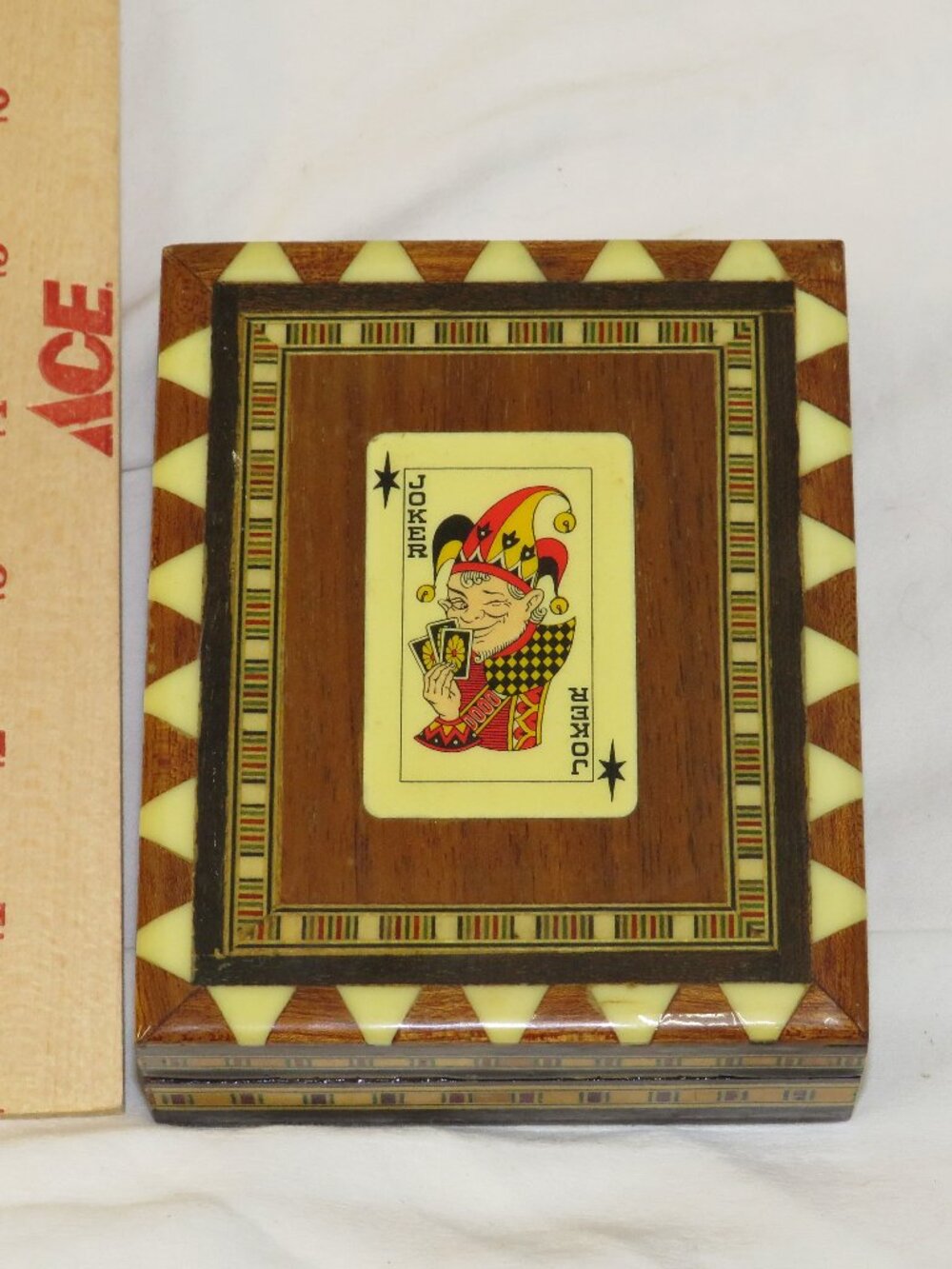 Handcrafted Wooden Inlay Joker Box | Playing Card Trinket Box with Red Felt